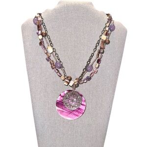 Multi-stranded purple beaded pendant necklace w/ Shell round pendant